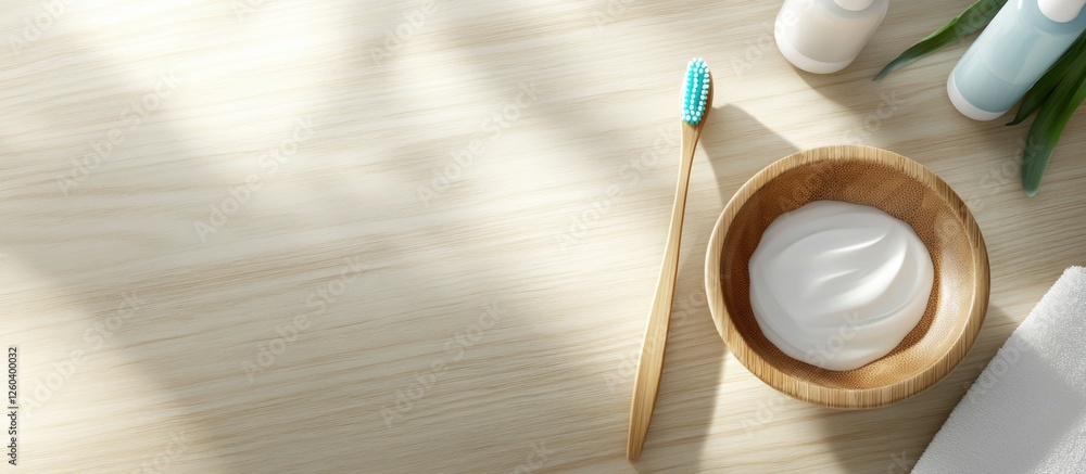 Aufkleber toothpaste and bamboo toothbrushes arranged in a wooden bowl on a light bathroom counter with ample 