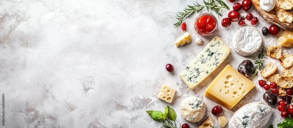 Poster assorted italian cheeses and accompaniments on a rustic table with blank space for creative text or 