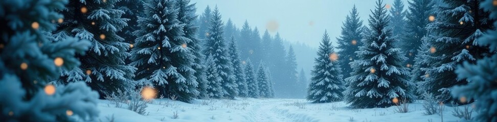 Fototapeta premium Dense forest foliage with snowflakes gently falling around Christmas trees, christmas, winter wonderland, forest