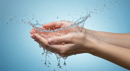 A close-up of two hands gently cupping crystal clear water with droplets splashing over the edges