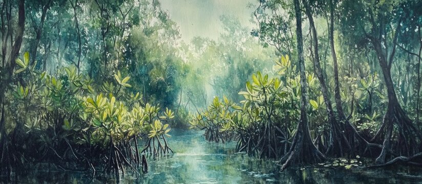 Rhizophora racemosa thriving in the serene Demak mangrove forest showcasing lush vegetation and tranquil waters in Indonesia