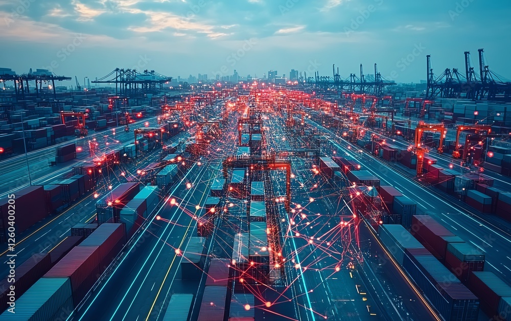 Poster futuristic digital transformation of global supply chain, holographic map interface, interconnected 