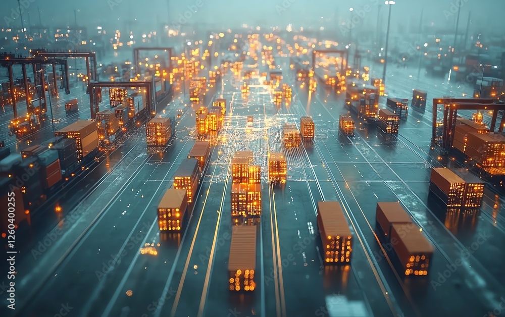 Poster futuristic digital transformation of global supply chain, holographic map interface, interconnected 