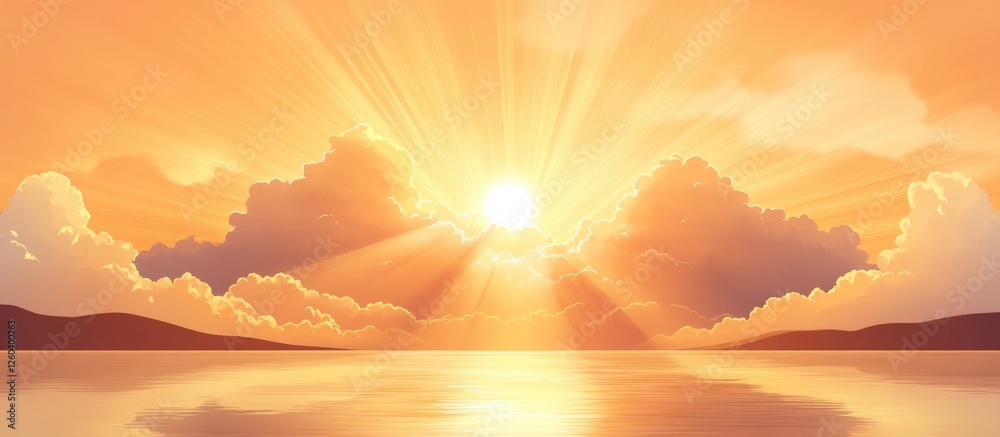 Poster sunset over water with beams of light breaking through clouds creating a serene and tranquil atmosph