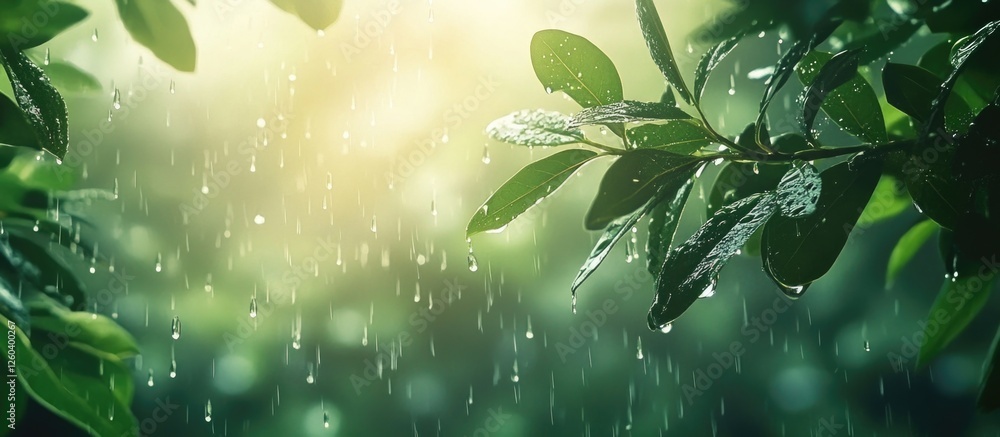 Poster rain droplets on lush green leaves with a soft focus background creating a serene and refreshing nat