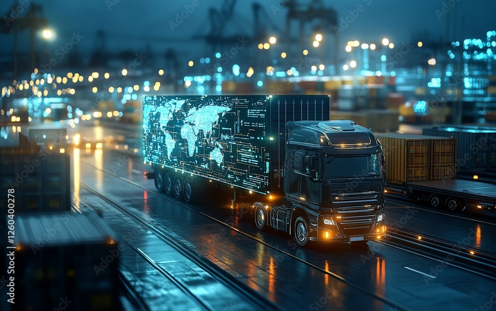 Poster futuristic digital transformation of global supply chain, holographic map interface, interconnected 