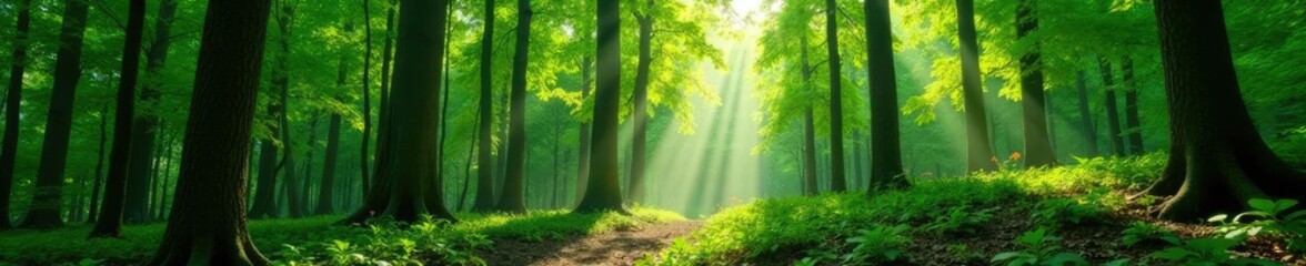 Obraz premium Dense forest with tall trees and sunlight filtering through leaves, green, canopy