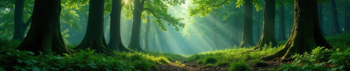 Dense forest with towering trees and undergrowth, trees, nature