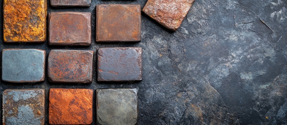 Poster collection of rusty iron ingots on dark surface with blank space for custom text or branding