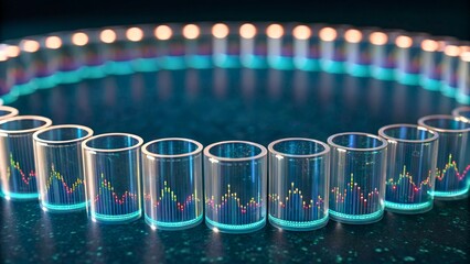 Colorful Neon Data Visualization in Transparent Cylinders Arranged in a Circular Pattern