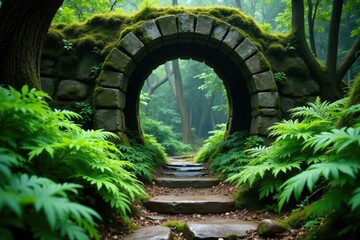 Foliage and ferns on ancient stone foundation, moss, stones