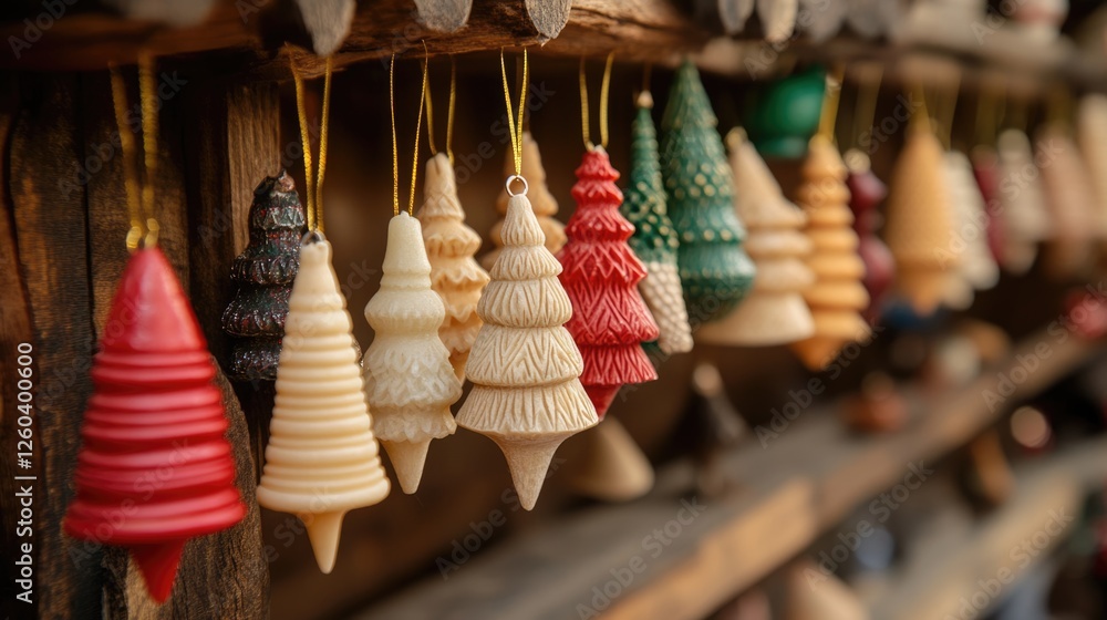 Poster handcrafted christmas tree candle ornaments in a display with blank space for personalized text or f