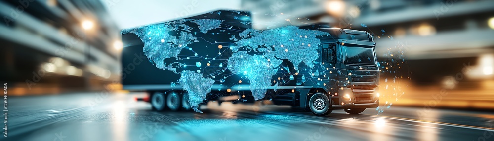 Poster futuristic holographic interface displaying the global supply chain map, interconnected digital netw