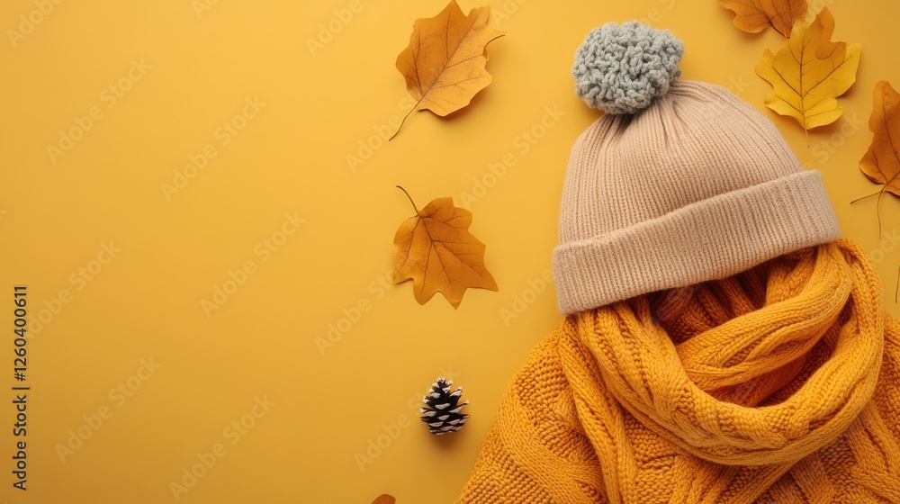 Poster cozy autumn fashion ensemble in warm nordic colors with fall leaves on yellow background and space f