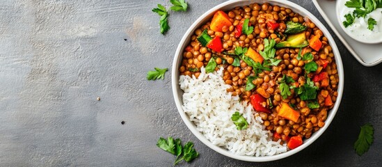 Vegan lentil rice bowl with colorful vegetables served in a white ceramic dish showcasing healthy meal options for advertisements or promotions