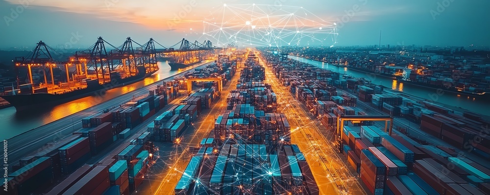 Poster global digital supply chain transformation, holographic map interface with interconnected networks, 