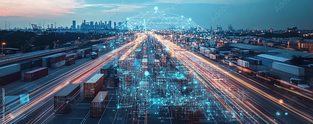 Poster global digital supply chain transformation, holographic map interface with interconnected networks, 