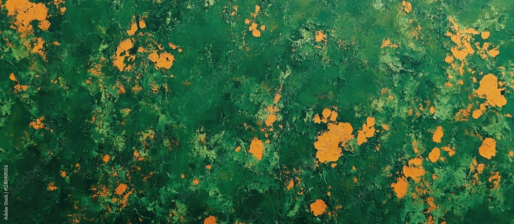 Poster rusty textures on a green surface with orange spots creating an organic and abstract background idea