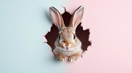 Bunny. Easter bunny looking through torn paper hole. Curious rabbit in colorful background.