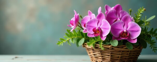 Obraz premium Fresh orchids in woven basket with eucalyptus and ferns, eucalyptus, orchids, basket