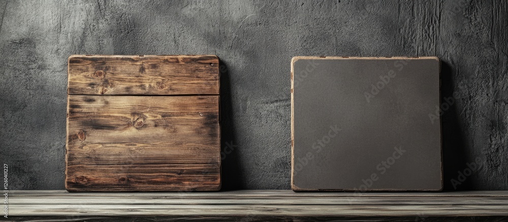 Poster two blank boards on a rustic table symbolizing the protection against age barriers with ample space 