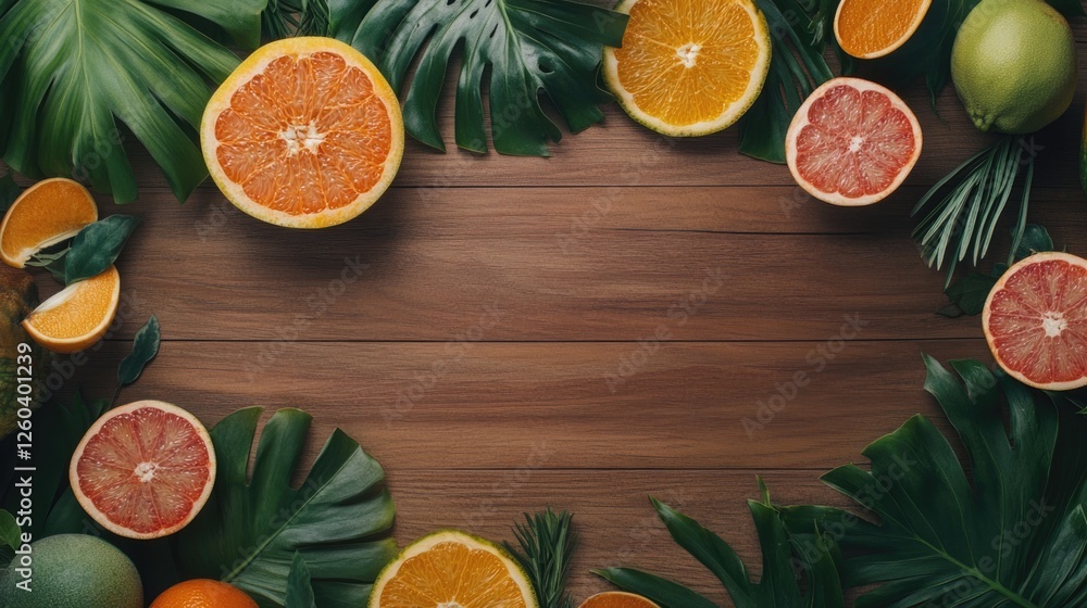 Poster vibrant assortment of fresh fruits and vegetables on a wooden surface with tropical leaves creating 