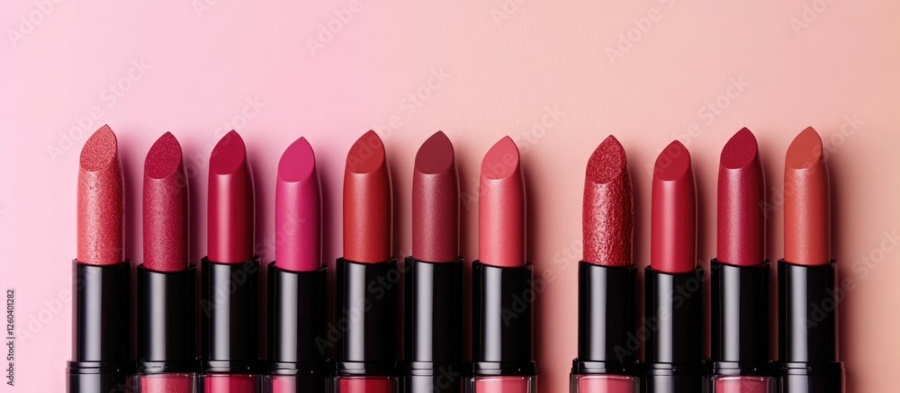 Poster array of vibrant natural lipsticks in various shades on a pastel background showcasing empty space f