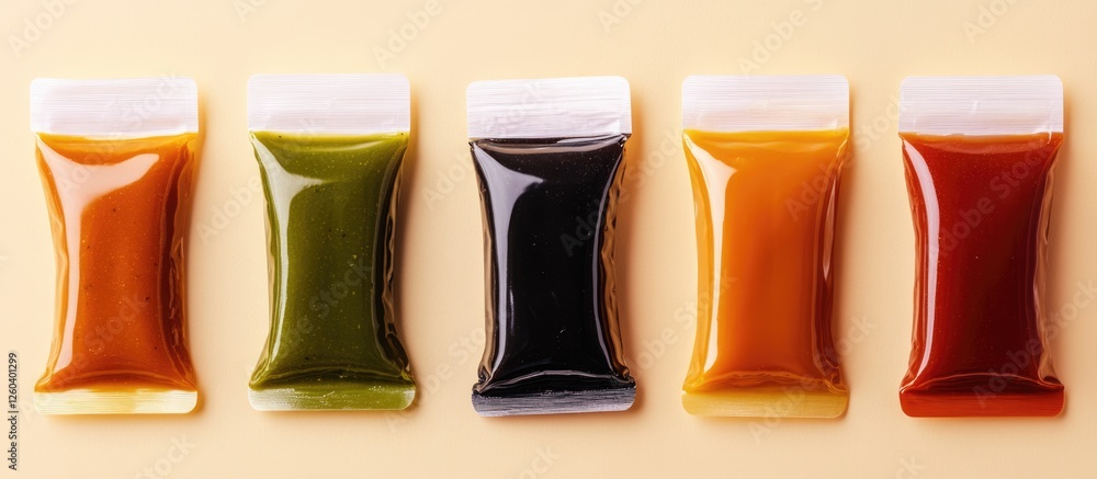 Poster various colorful sauce packets arranged on a vibrant food and drink background with empty space for 