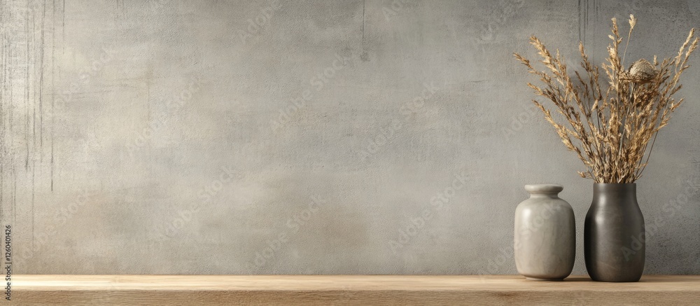 Poster home improvement tools with decorative vases on rustic wooden surface against textured background fo
