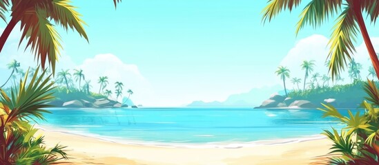 Tropical Beach Scene with Crystal Clear Waters and Lush Palm Trees Ideal for Text Overlay and Summer-themed Designs
