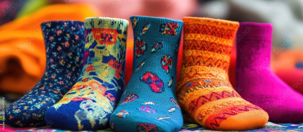Poster colorful socks showcased against a vibrant multi-colored background with selective focus highlightin