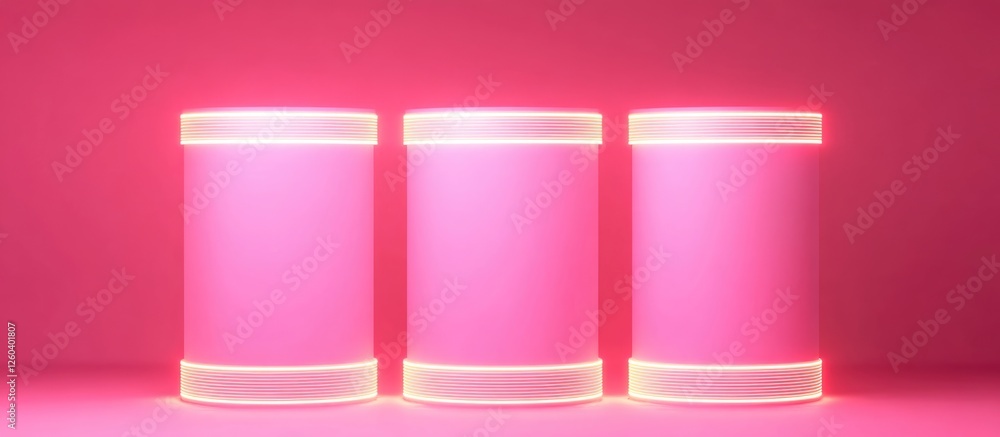 Poster futuristic pink podiums with neon lighting in a cyberpunk setting for empty display space and creati
