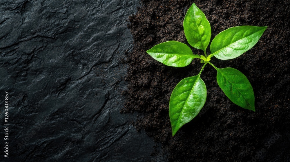 Aufkleber young green plants emerging from dark soil with mist creating a serene atmosphere and ample space fo