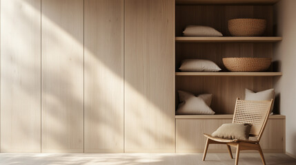 Minimalist room with chair and storage unit.