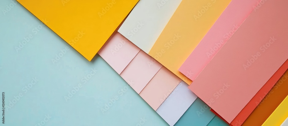 Poster colorful palette samples and swatches on table for graphic design and marketing projects with blank 