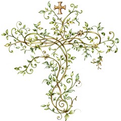 Fototapeta premium Elegant Green Vine Cross Design Botanical Illustration Watercolor Floral Cross Artistic Nature Inspired Religious Symbol Christian Faith Decor Ornate 