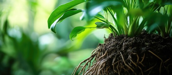 The intricate root structure of a vibrant ornamental plant showcasing natural beauty and lush greenery in a serene environment.