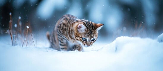Playful three month old Bengal cat exploring snowy garden with focus on its curious nature and ample space for text input