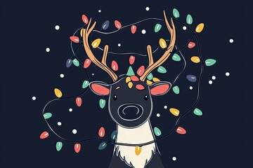 Fototapeta premium A cute reindeer tangled in Christmas lights.
