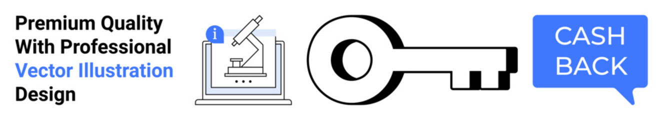 Microscope on laptop screen, black key, speech bubble with Cash Back text. Ideal for technology, finance, lab research, security, refund promotions, digital tools education flat landing page banner