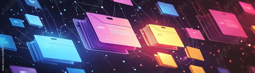 Fototapete illustration of digital files and folders with colorful labels, glowing network connections, and vib