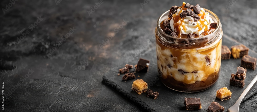 Poster toffee caramel lava cake served in glass jar with toppings on dark background and space for custom t