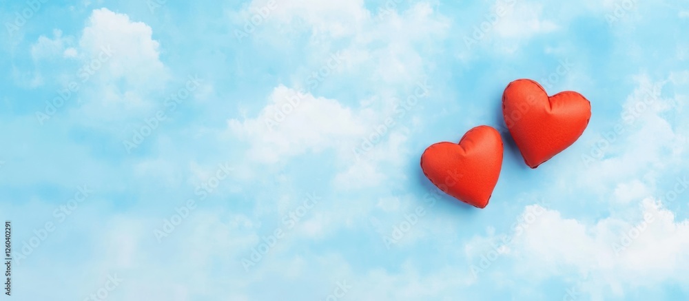 Poster red hearts against a blue sky background with ample negative space for text or messaging in a romant