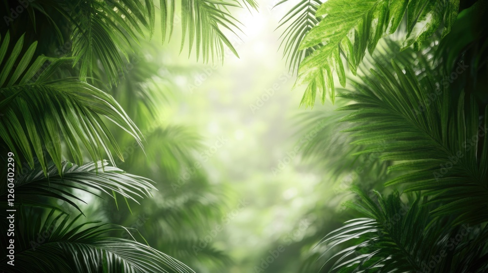 Poster Tropical jungle backdrop with dense palm fronds creating a natural frame and ample copy space for text or branding messages.