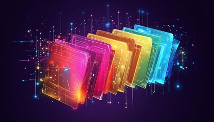 Illustration of digital folders with colorful tags and labels, glowing network connections, vibrant data streams, and a streamlined document management system for modern business
