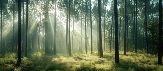 Fototapeta premium Majestic pine forest bathed in morning mist with sunlight filtering through trees creating a serene natural landscape background