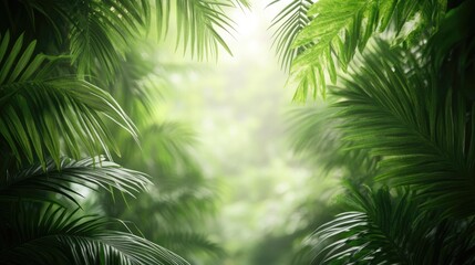 Fototapeta premium Tropical jungle backdrop with dense palm fronds creating a natural frame and ample copy space for text or branding messages.
