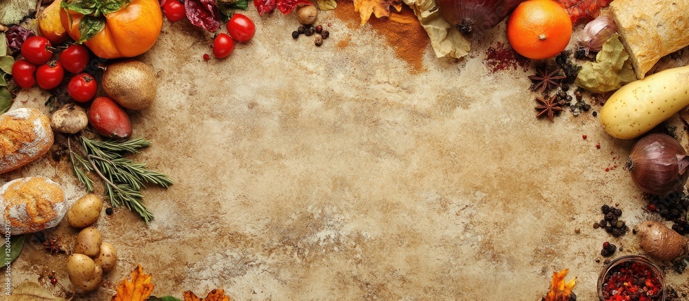 Poster vegetable bread and spice assortment on textured background with overhead view and ample space for t