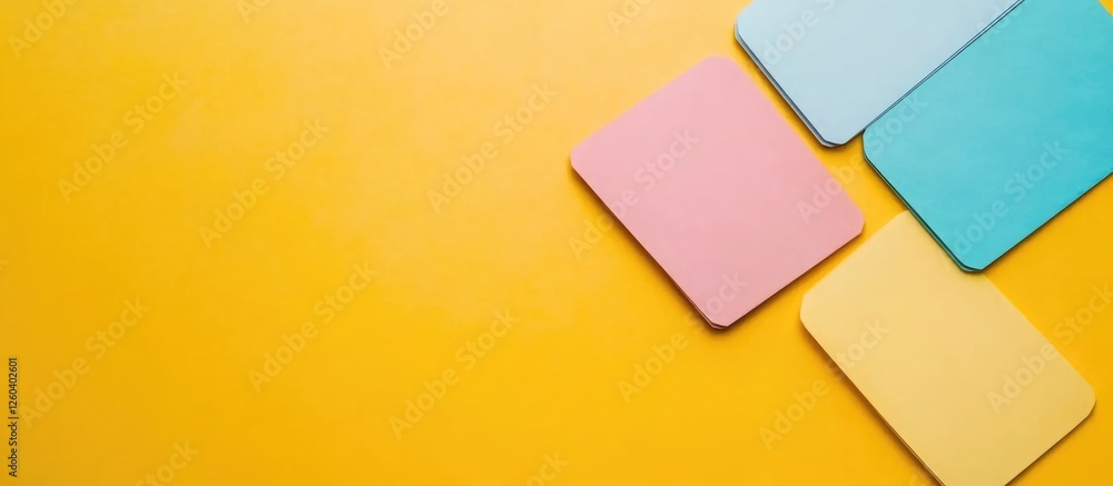 Poster colorful palette of sample chips on bright yellow background with blank space for custom text or bra