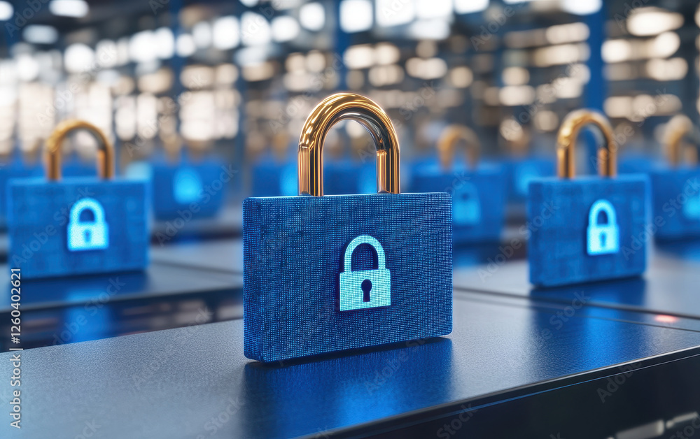 Poster secure digital locks in modern workspace symbolize safety and access control. blue color enhances te